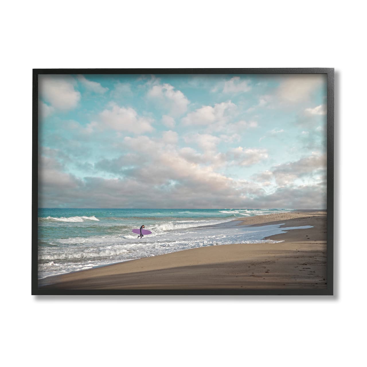 Stupell Industries Crashing Waves on Beach Surfer Purple Board in Black Frame Wall Art